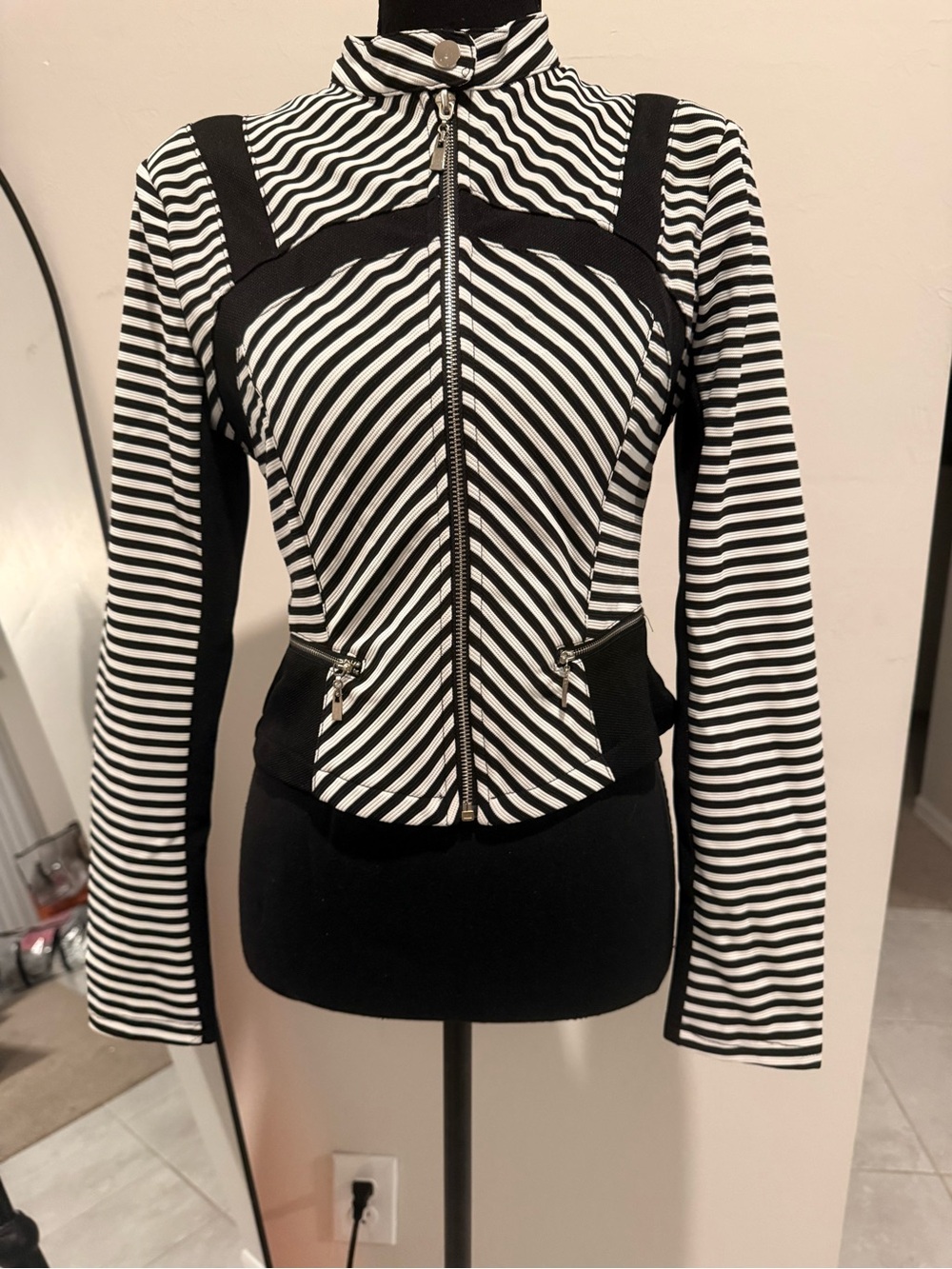 Alt. B Black & White Striped Zip-Front Women's Blazer Jacket